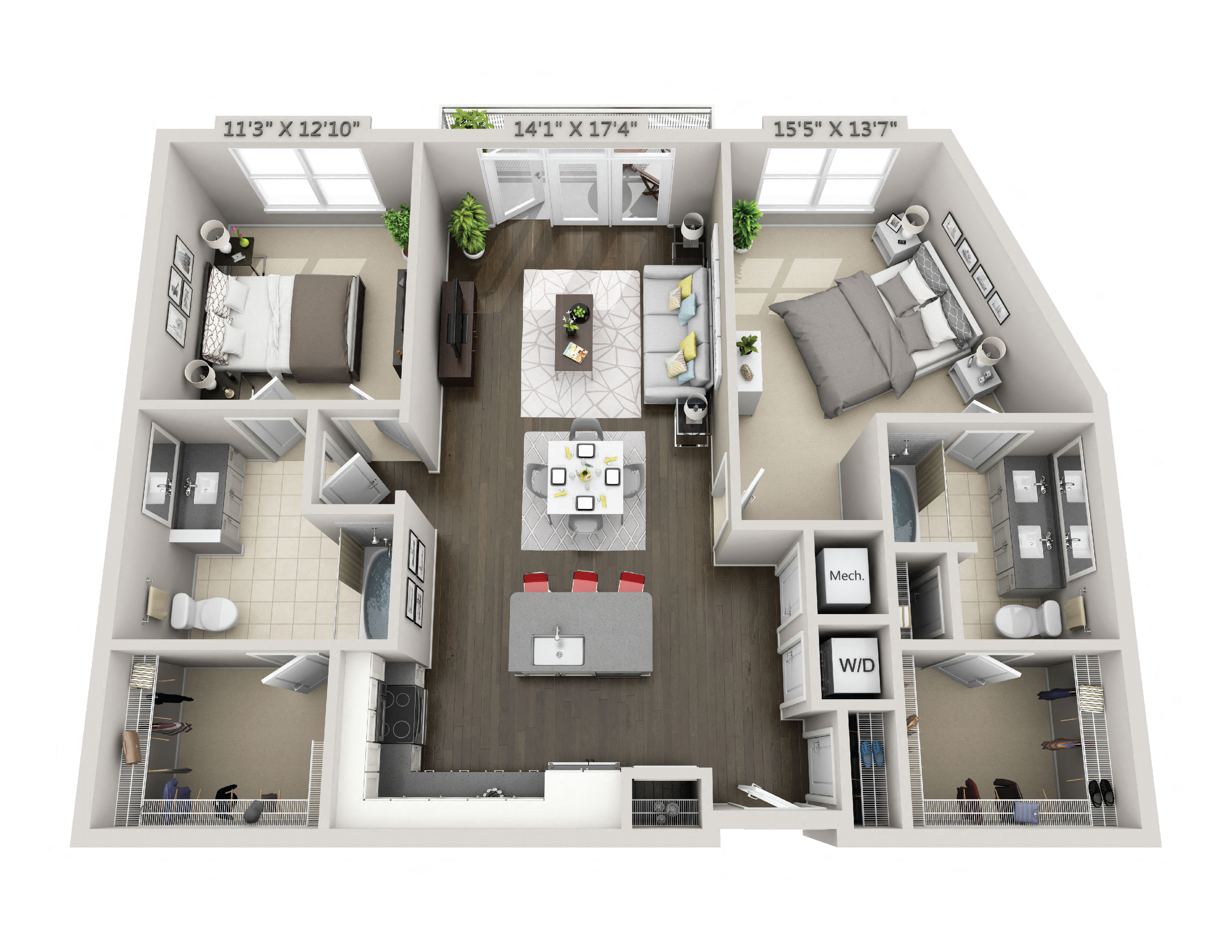 Floor plan for 2 beds, 2 baths, 1180 sqft